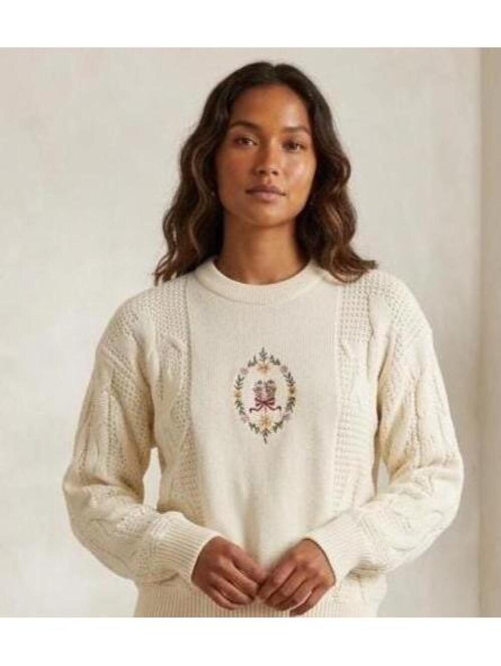 Vintage Bay Point Threads Cable Knit Sweater, Floral Embroidered Knit Pullover